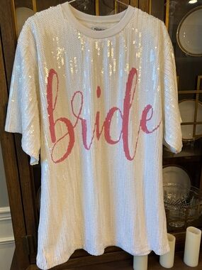 Sequin 'Bride' Tee in White with Pink Script